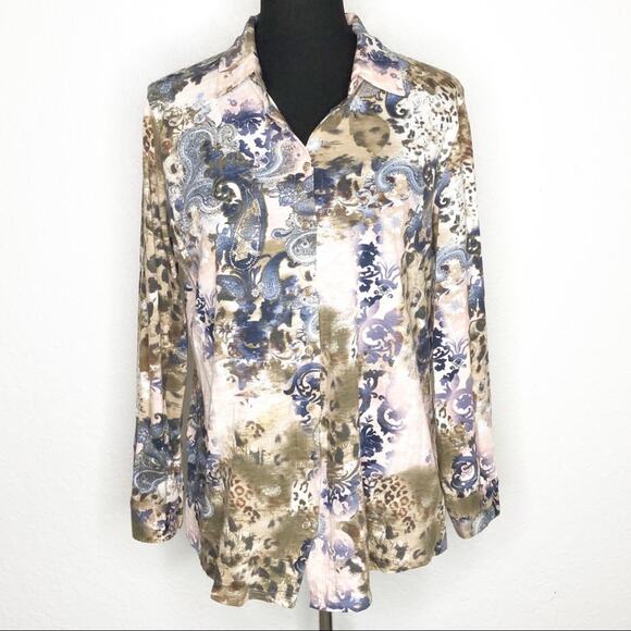 Soft Surroundings pink blue brown floral paisley button down top size Medium - Picture 1 of 14